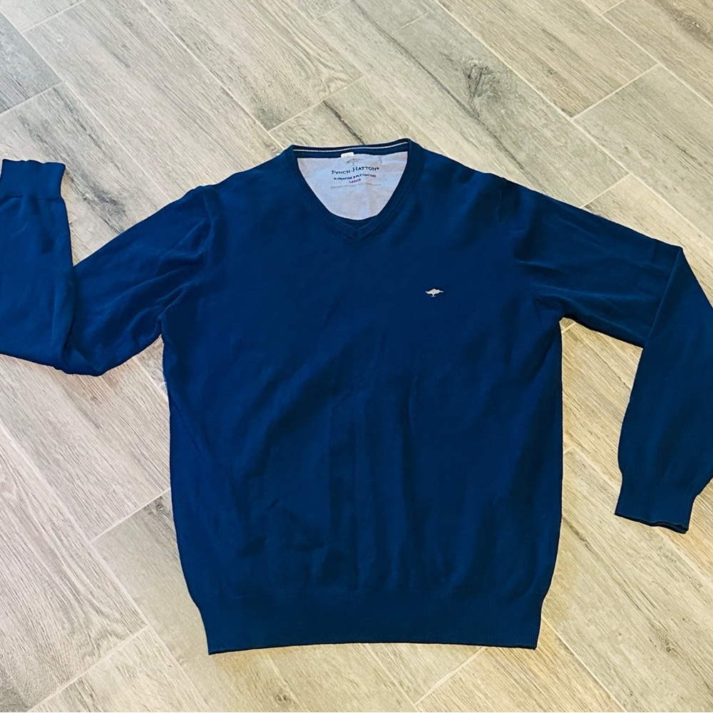 Fynch-Hatton Sweater Men's L Blue Extra-fine Cotton Long Sleeves V-Neck